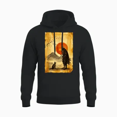 Chat Japonais Bushido Zen Mountain Artistic Japon Samourai Unisex Hoodie - Black