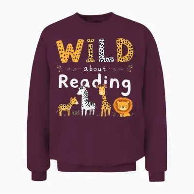 Animal Print Read a Book Character Kids Wild About Reading Unisex Sweatshirt - Maroon