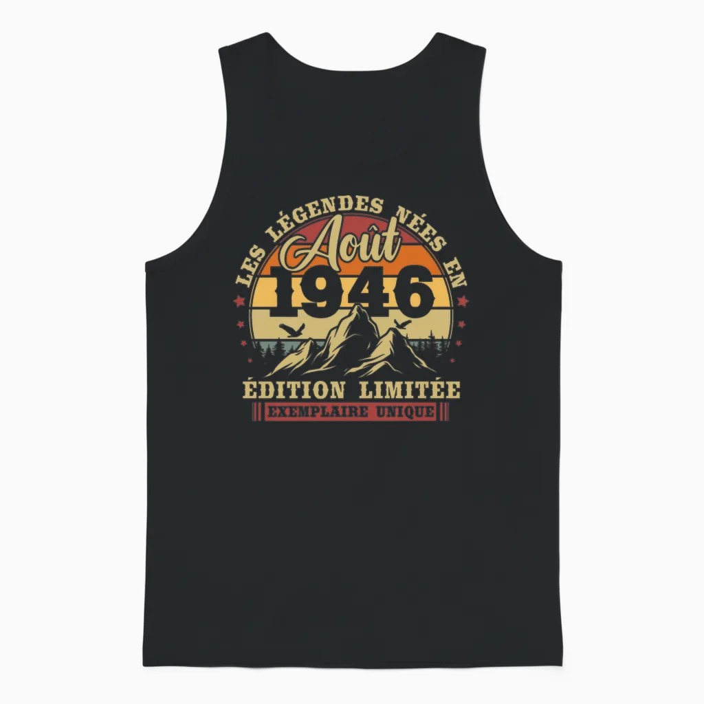Vintage Août 1946 Rétro Anniversaire 80 Ans Hommes Femmes T-Shirt Haut De Gamme Unisex Tank Top in Black