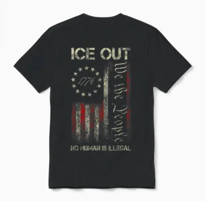 Ice Out No Human Is Illegal Us Flag Distressed Men Women Unisex T-Shirt - Black