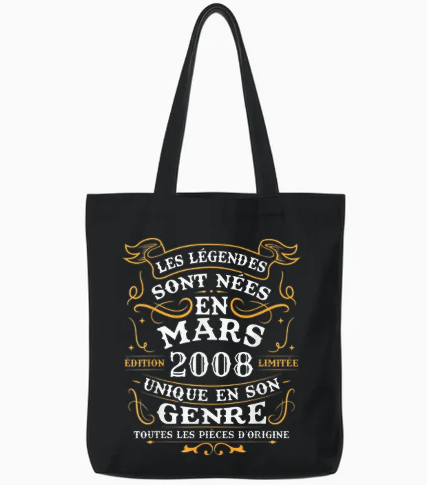 Vintage Birthday Gift 18 Years Born in March 2008 Tote Bags in Black