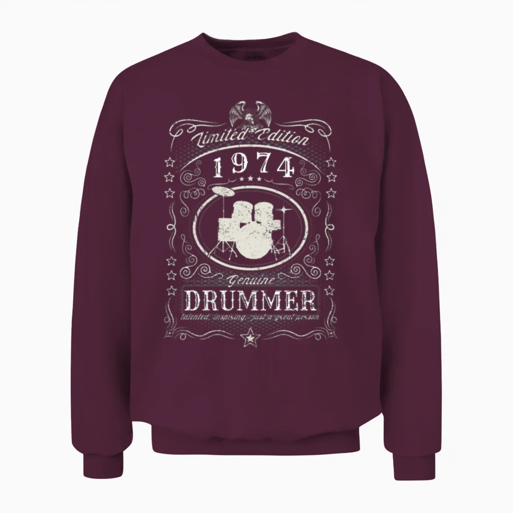 Vintage 1974 Drummer Birthday Gift Percussionist Unisex Sweatshirt in Maroon
