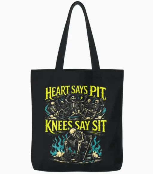 Heart Says Pit Knees Say Sit Skelett Lustiger Spruch Zitat Tote Bags in Black