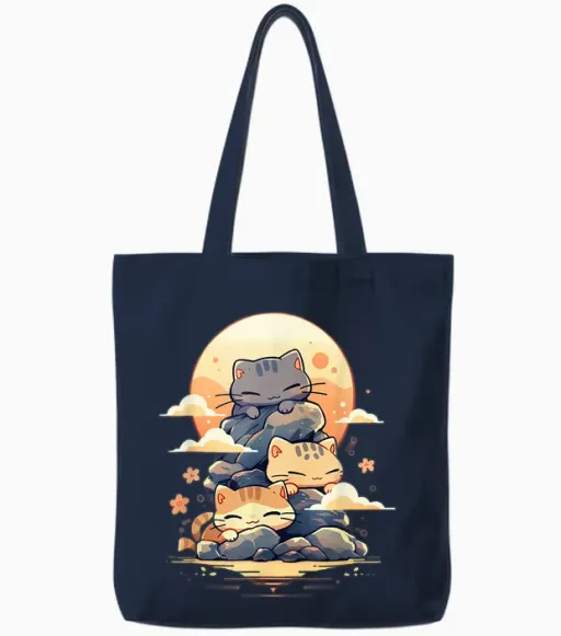 Japanese Cats Sleeping Cat Cute Kitten Anime Kawaii T-Shirt, Black Tote Bags - Navy