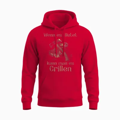 T-Shirt with German Text "wenn Es Blutet Kann Man Es Grillen, Black Unisex Hoodie - Red
