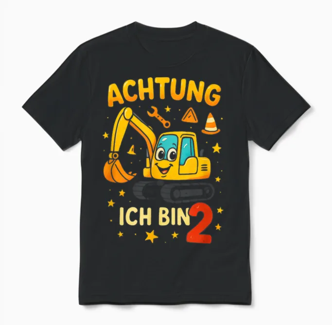T-Shirt with German Text "excavator Birthday Achtung Ich Bin 2 Unisex T-Shirt in Black