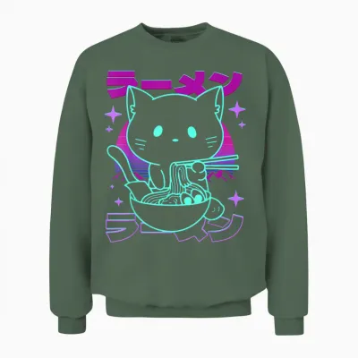 Anime Ramen Cat Retro Japanese Noodles Aesthetic Kawaii Cat Unisex Sweatshirt - Military Green