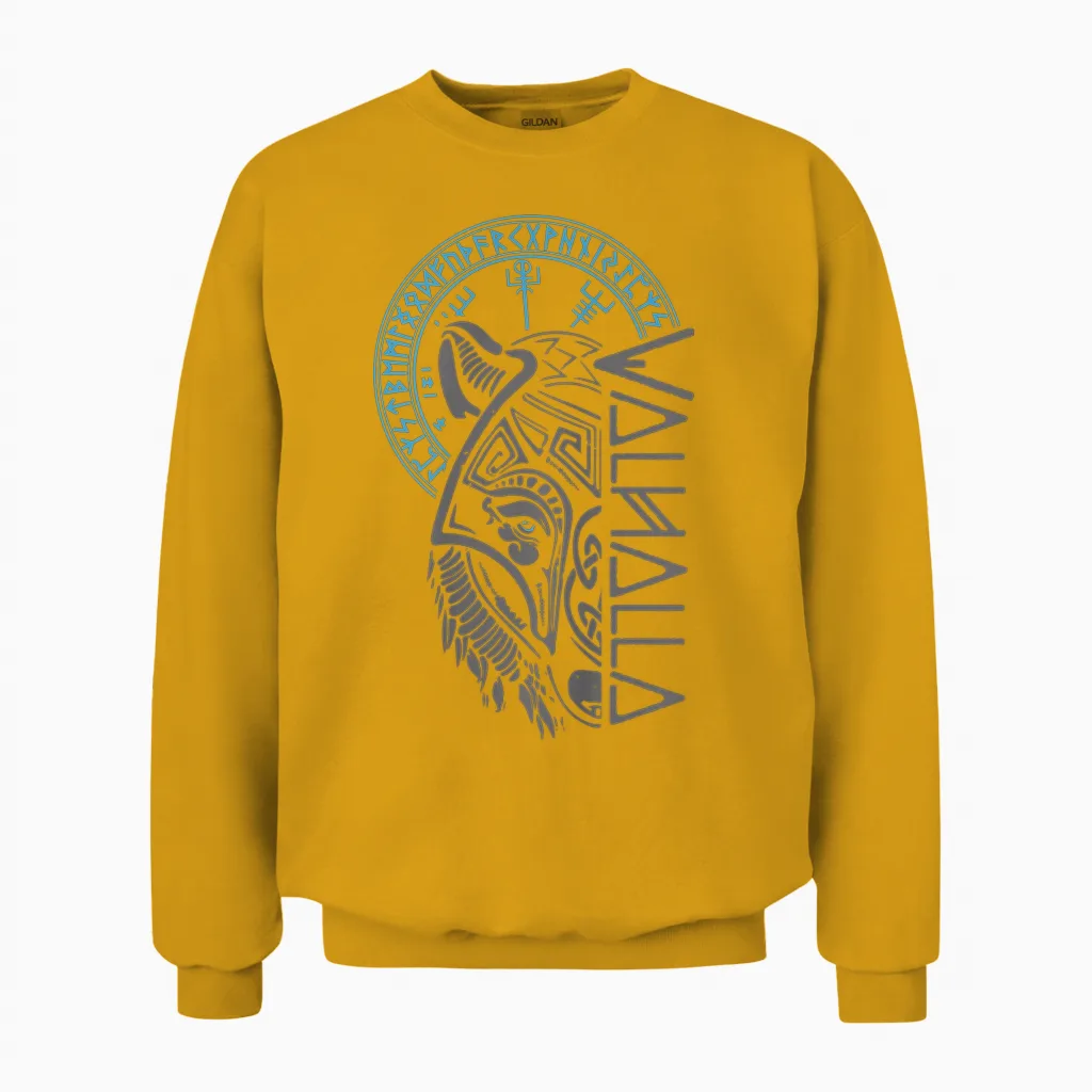 Walhalla Wolf Mask Odin Runes Nordic Compass Viking T-Shirt, Black Unisex Sweatshirt in Gold