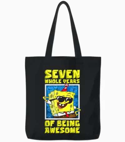 Mademark X Spongebob Squarepants - Spongebob Seven Years of Being Awesome Boy 7th Birthday Gift Tote Bags - Black