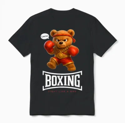 Cool Teddy Bear Man Boxing Fight Style Illustration Graphic Unisex T-Shirt - Black
