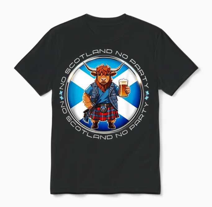 No Scotland No Party Scottish Pride Scotland Highland Cow Unisex T-Shirt in Black