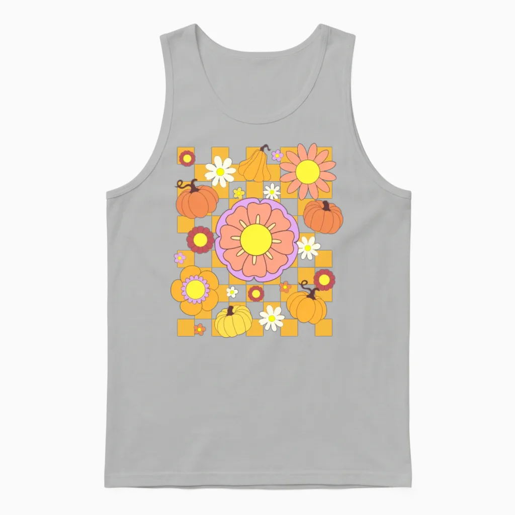 Pumpkin and Flower Retro Halloween Gift Unisex Tank Top in Ash