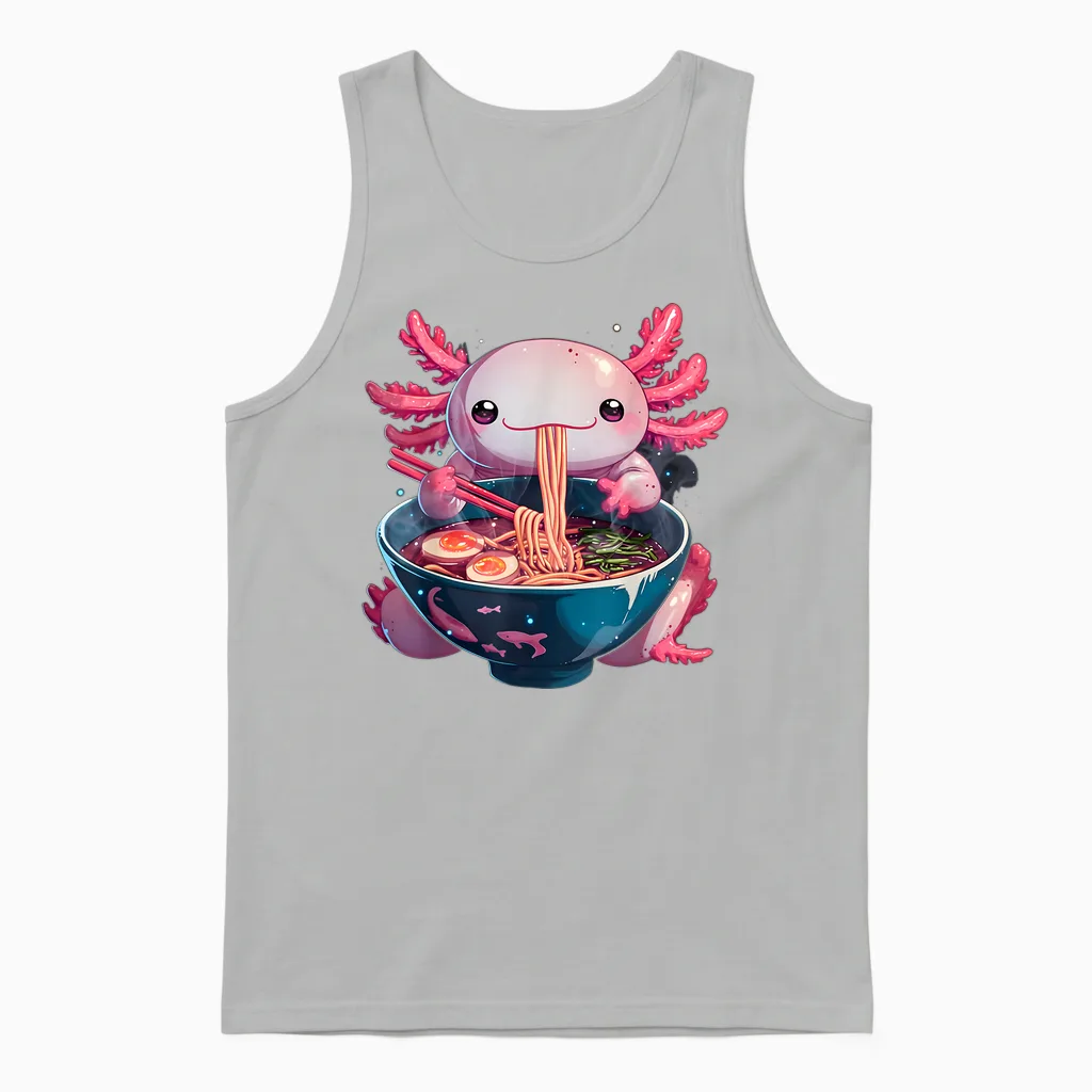 Axolotl Ramen Anime Kawaii Eating Girls Teen Gifts T-Shirt, Black, S Unisex Tank Top in Ash