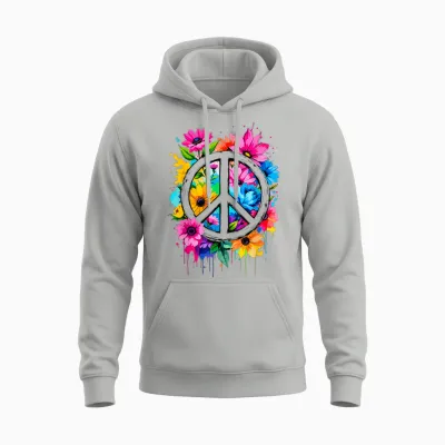 Love Peace Flower Power Peace Sign 70s 60s Woman Hippie T-Shirt, White, S Unisex Hoodie - Ash