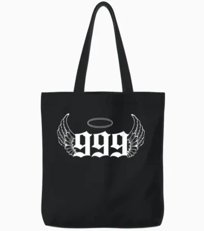Urban Empyre 999 Angel Number T-Shirt - Unisex Adults, Black, Small, Short Sleeve, Modern, Astrology Theme with '999 Angel Number' Letter Print Tote Bags - Black