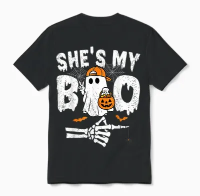 He's My Boo Matching Couple Halloween Couples She's My Boo Unisex T-Shirt - Black
