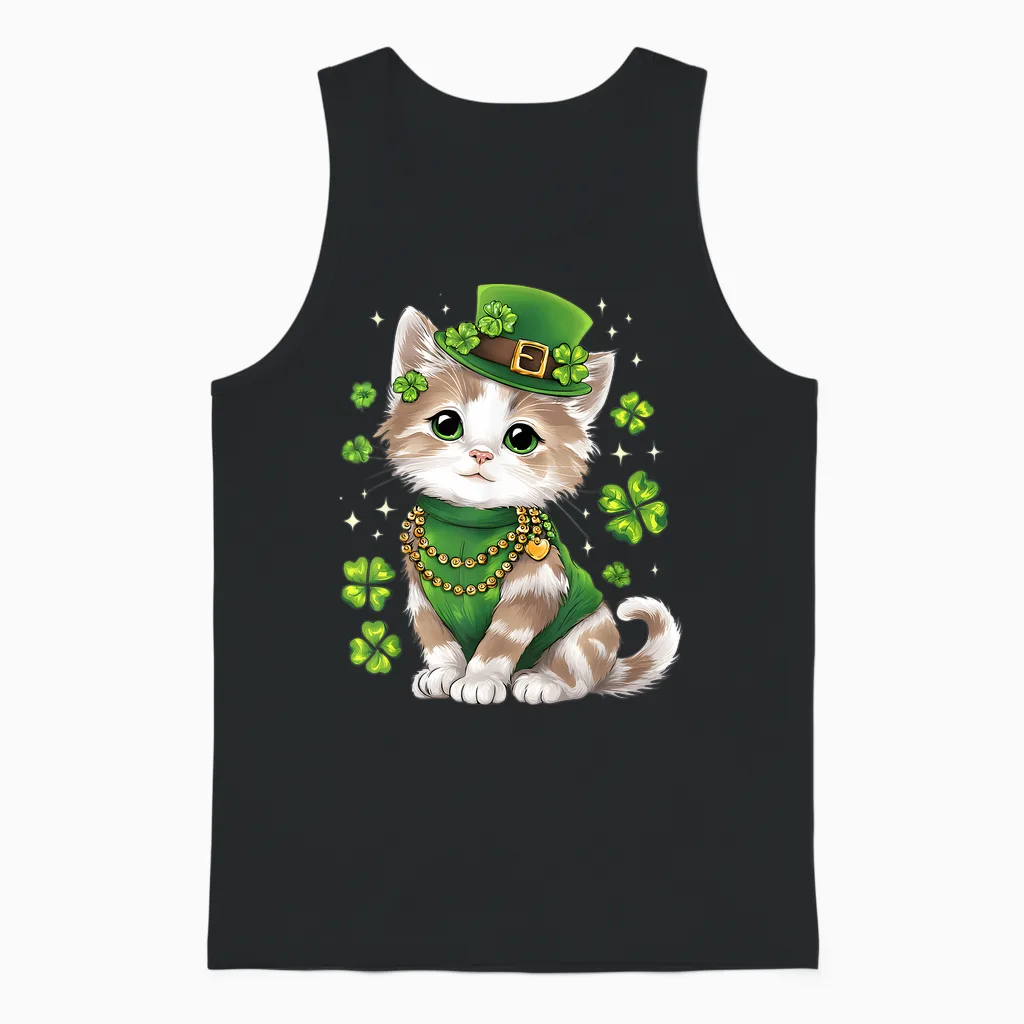 St Patricks Day Cat Leprechaun Hat Shamrock Saint Pattys Day Unisex Tank Top in Black