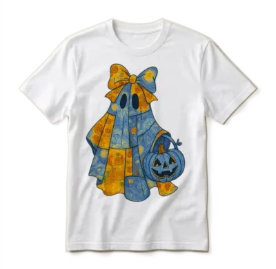Quilted Ghost with Big Bow and Pumpkin Halloween Unisex T-Shirt - White