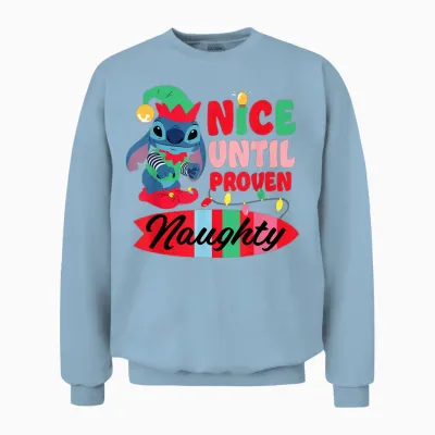 Disney Stitch Christmas Nice Until Proven Naughty Holiday Unisex Sweatshirt - Light Blue