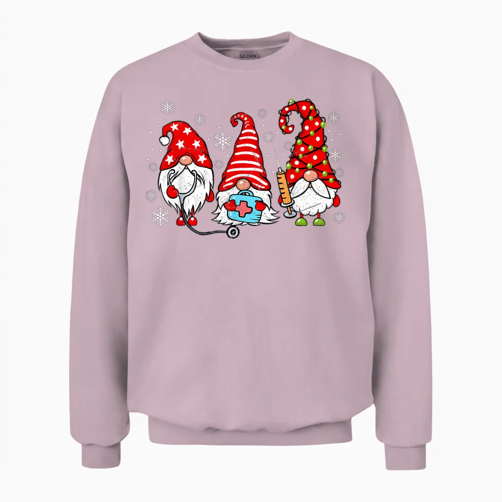 Nurse Christmas Gnomes Xmas Scrub Top Er Rn Nursing Gnomies Unisex Sweatshirt in Light Pink