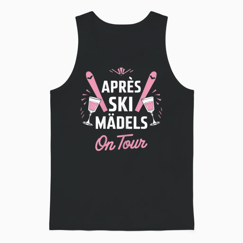 Après Ski Girls on Tour Skier Party T-Shirt, Black Unisex Tank Top in Black