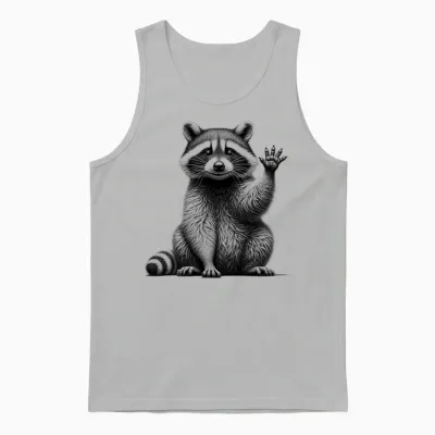 Cute Waving Raccoon Drawing Style on Chest T-Shirt, Gray Unisex Tank Top - Ash