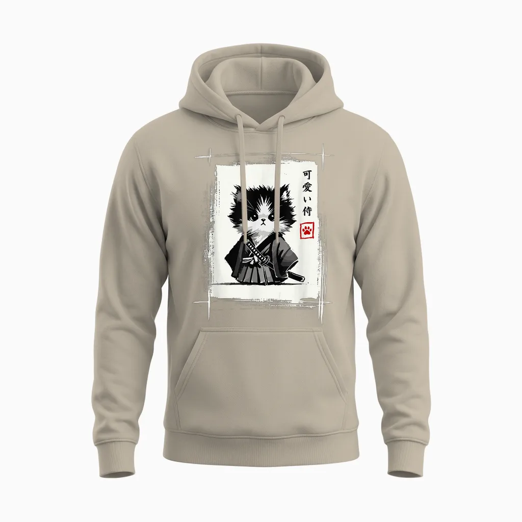 Samurai Cat Japanese Art Sumi-E Novelty Kawaii Funny Cat Unisex Hoodie in Sand