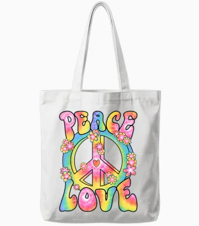 Peace Love Hippie Costume Women's Men's 60s 70s Outfit T-Shirt, Black, S Tote Bags - White