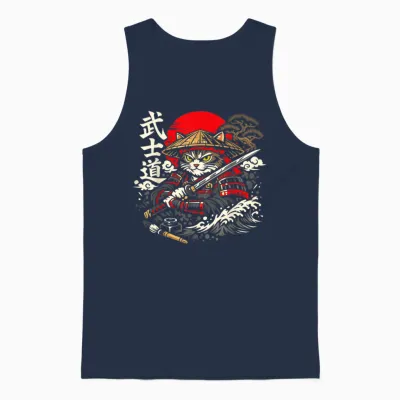 Chat Samouraï Avec Katana Sous Le Soleil Style Bushido Unisex Tank Top - Navy