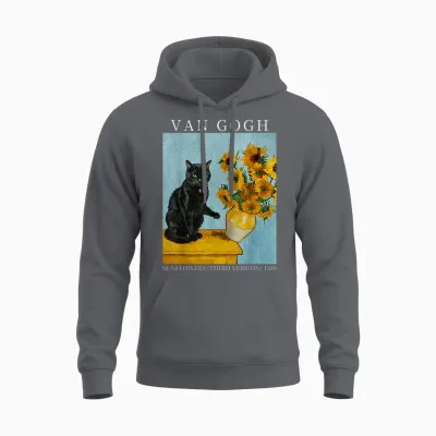 Van Gogh Black Cat with Sunflowers Funny Cat Meme Unisex Hoodie - Charcoal