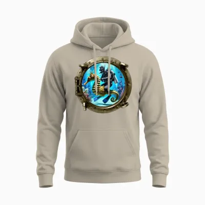 Porthole View of Scuba Diver Riding a Seahorse Urm Unisex Hoodie - Sand