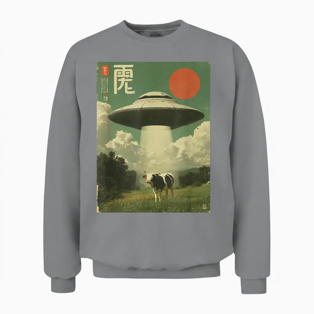 Lustiges Retro Vintage Japanische Kuh Entführung Alien Raumschiff Unisex Sweatshirt in Sport Grey