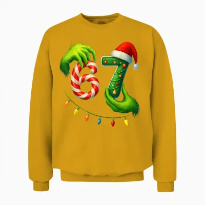 Funny Six Seven 67 Meme 6 7 Santa Christmas Brainrot Kids Pj Unisex Sweatshirt - Gold
