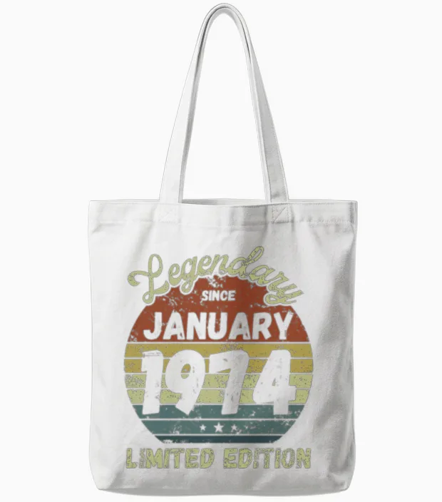 January 1974 - Vintage Birthday Present Tote Bags in White