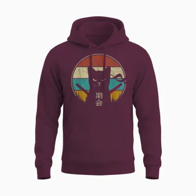 Japanese Cat Vintage Style Kawaii Retro Kitten Lover Unisex Hoodie - Maroon