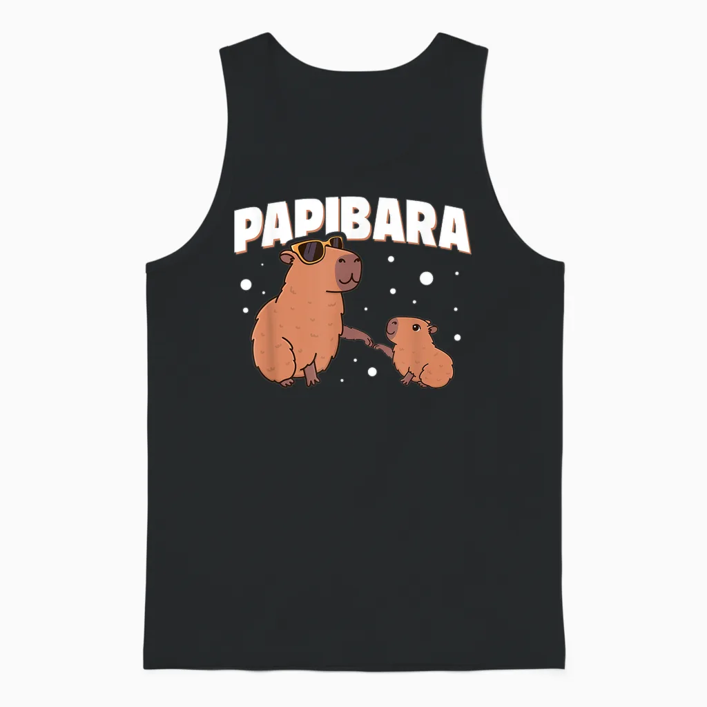 Papibara Capibara Papa Father Son Funny Father's Day Slogan Unisex Tank Top in Black
