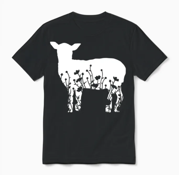 Funny Floral Lamb & Botanical Unisex T-Shirt in Black
