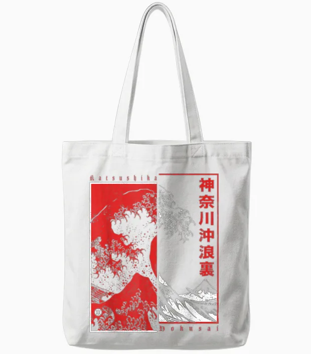 Japanese Art Hokusai Japan Aesthetic Kanagawa Big Wave T-Shirt, Black, S Tote Bags in White