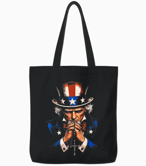 Uncle Sam Praying Rosary Patriotic Christian American Prayer Tote Bags in Black