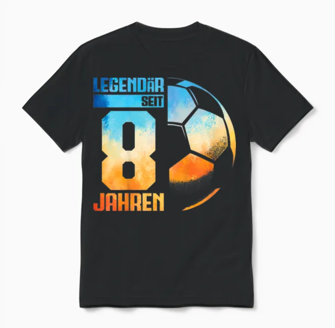Kids 8th Birthday Retro Football Player 8 Years Boy Kids T-Shirt, Black Unisex T-Shirt in Black