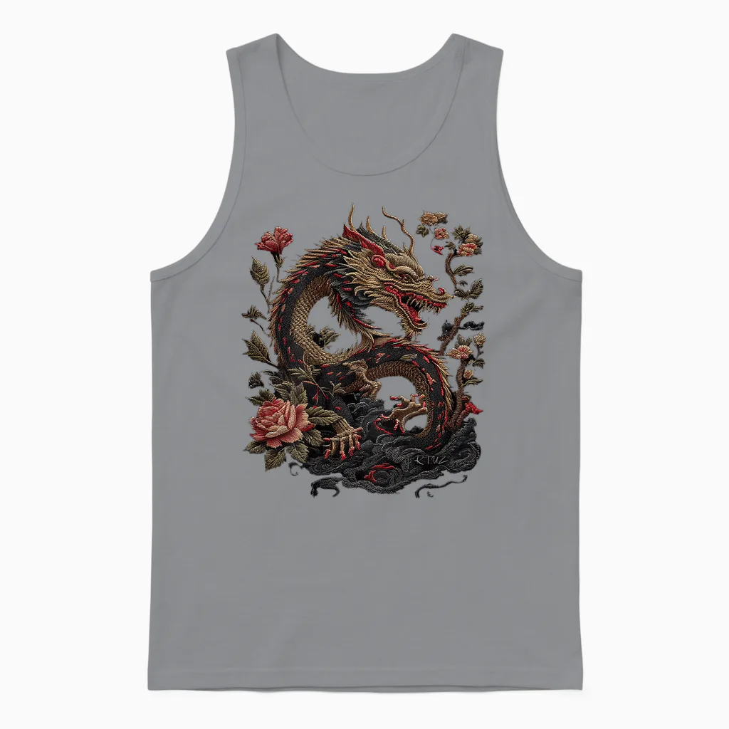 Elegant Chinese Calligraphy Dragon Yin and Yang Dragon T-Shirt, Black Unisex Tank Top in Sport Grey