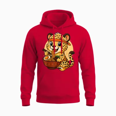 Graphique Guépard Japonais Mangeant Des Ramen Kawaii Unisex Hoodie - Red
