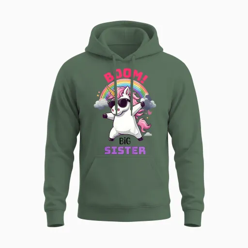 Child Boom Promoted Birthday Unicorn Rainbow Big Sister Unisex Hoodie - Military Green