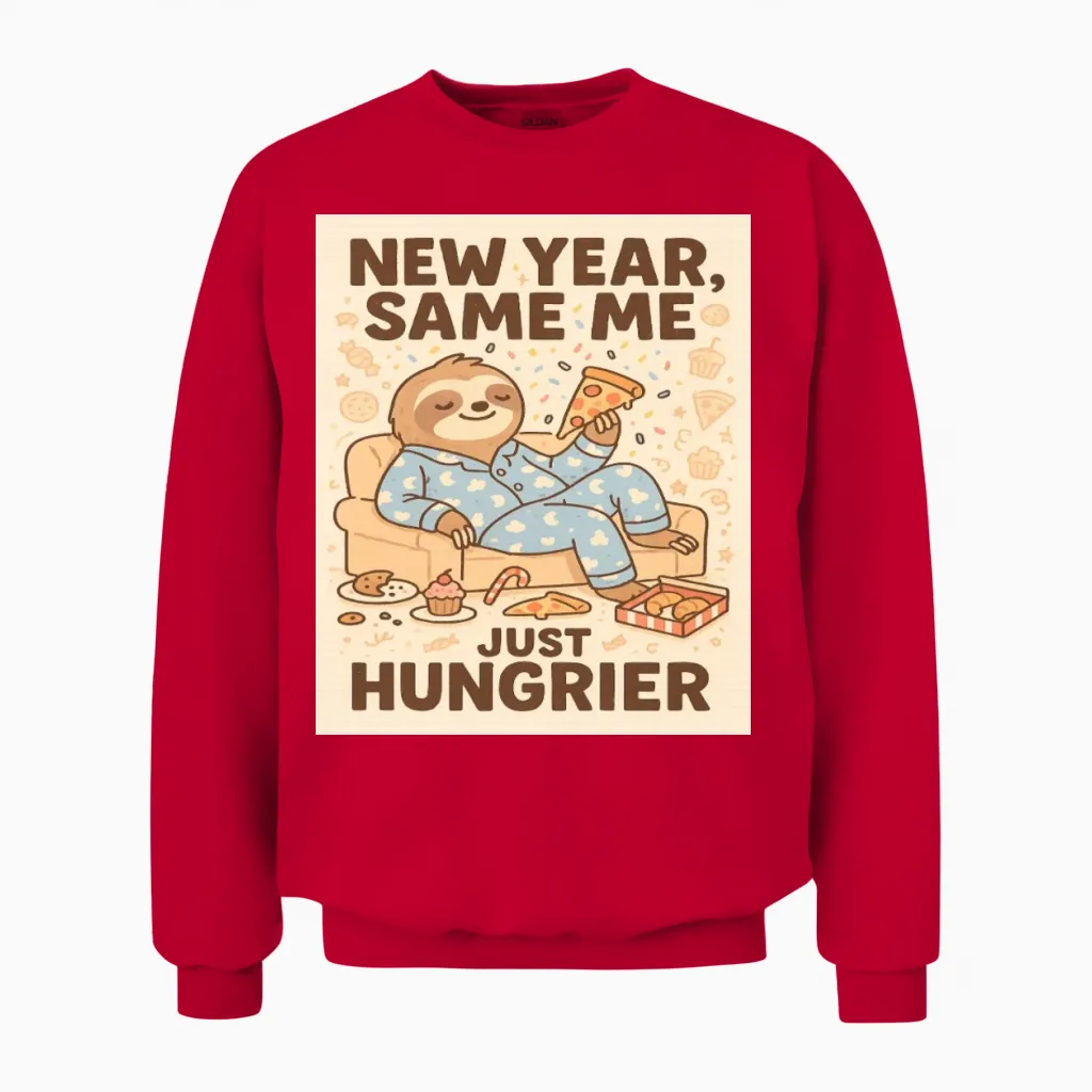 New Year Same Me Just Hungrier Sloth Unisex Sweatshirt in Red