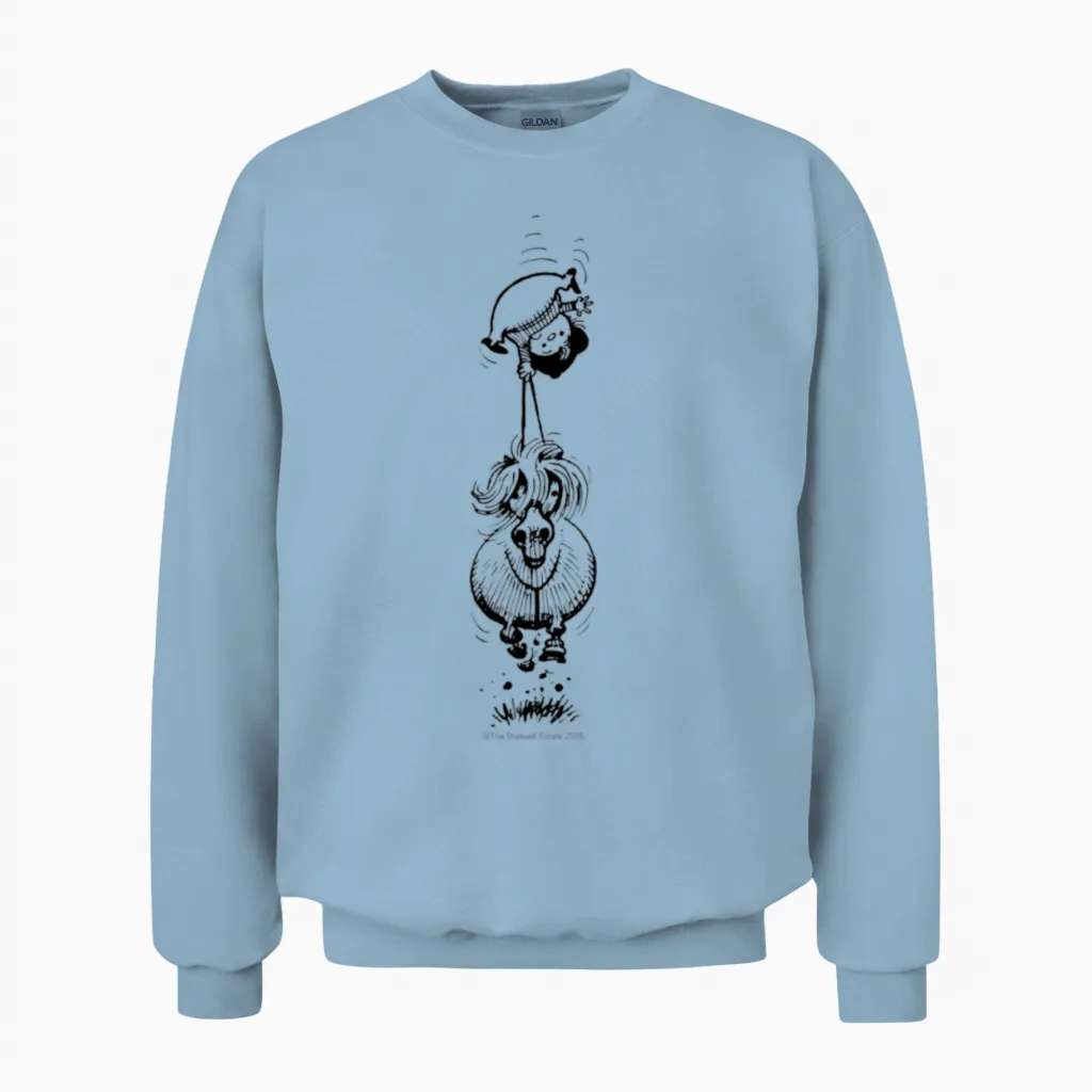Ponyupsidedown Thelwell Cartoon Unisex Sweatshirt in Light Blue