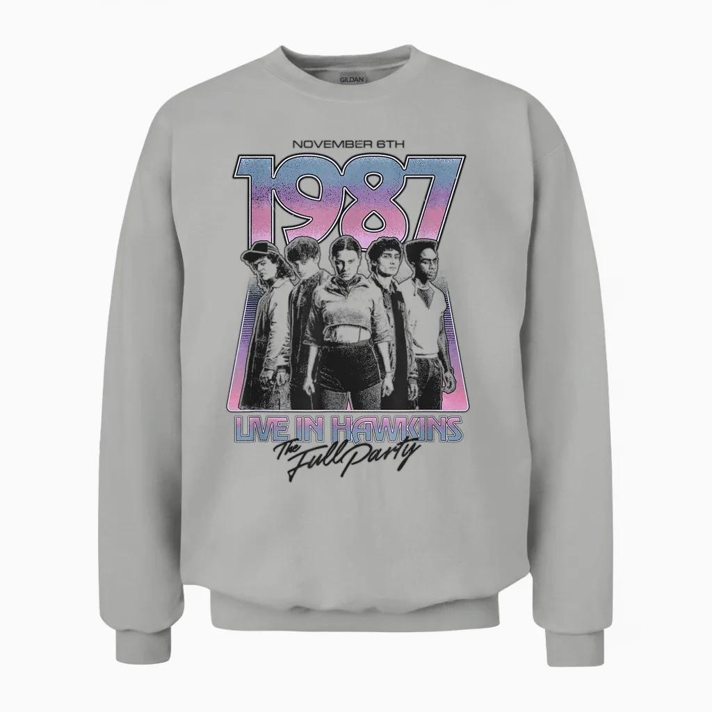 Stranger Things Hawkins 1987 Group Tour Unisex Sweatshirt in Ash