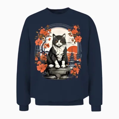 Japanische Katze, ästhetisch, Herren, Damen, Kinder, Japanischer Stil Unisex Sweatshirt - Navy