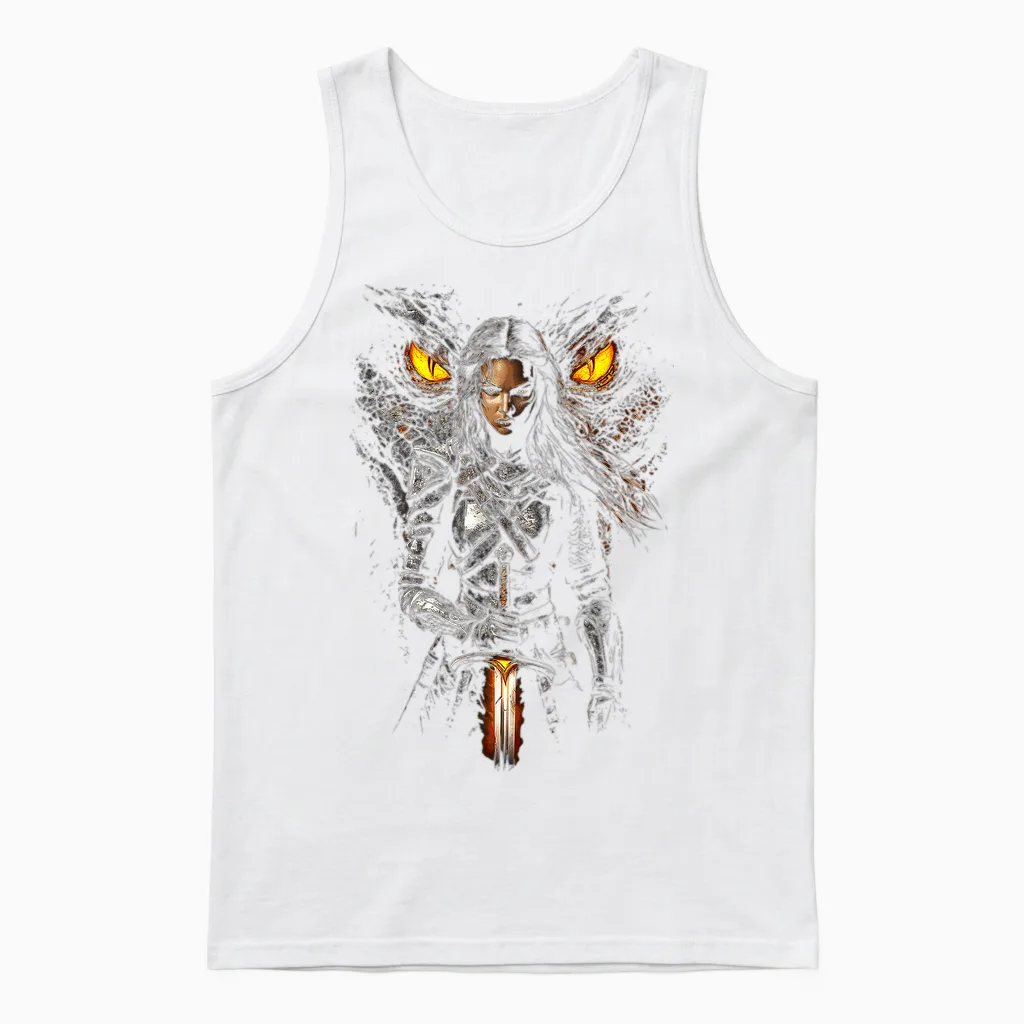 Furchtlose Drachen Heldin Mit Schwert Und Fantasy Drache Unisex Tank Top in White