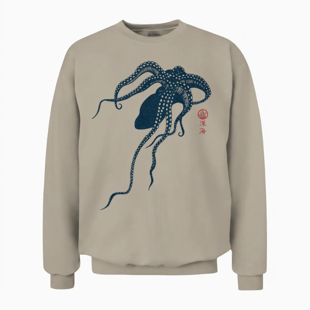 Japanese Aesthetic Vintage Octopus Unisex Sweatshirt in Sand