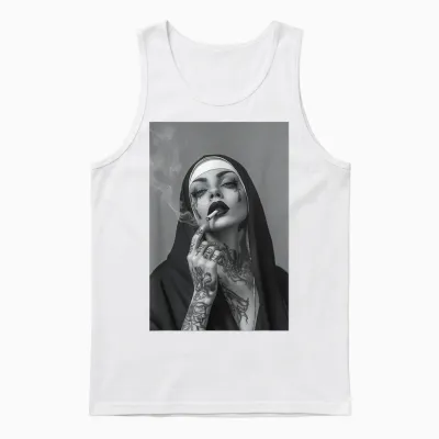 Tattooed Nun Smoking Cigarette Rebbel Christian Jesus Unisex Tank Top - White